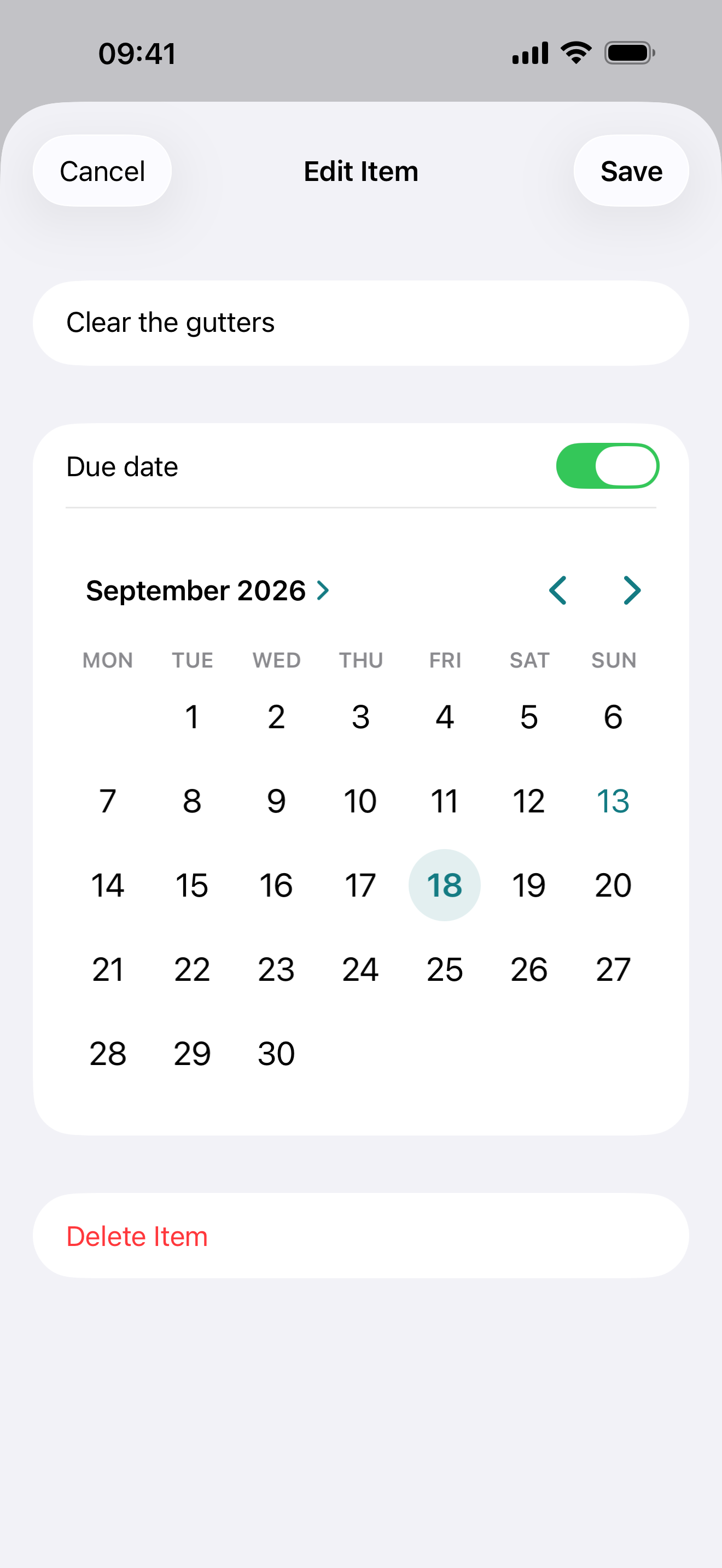 A list in Household Radar with items grouped by due date, showing overdue and today.