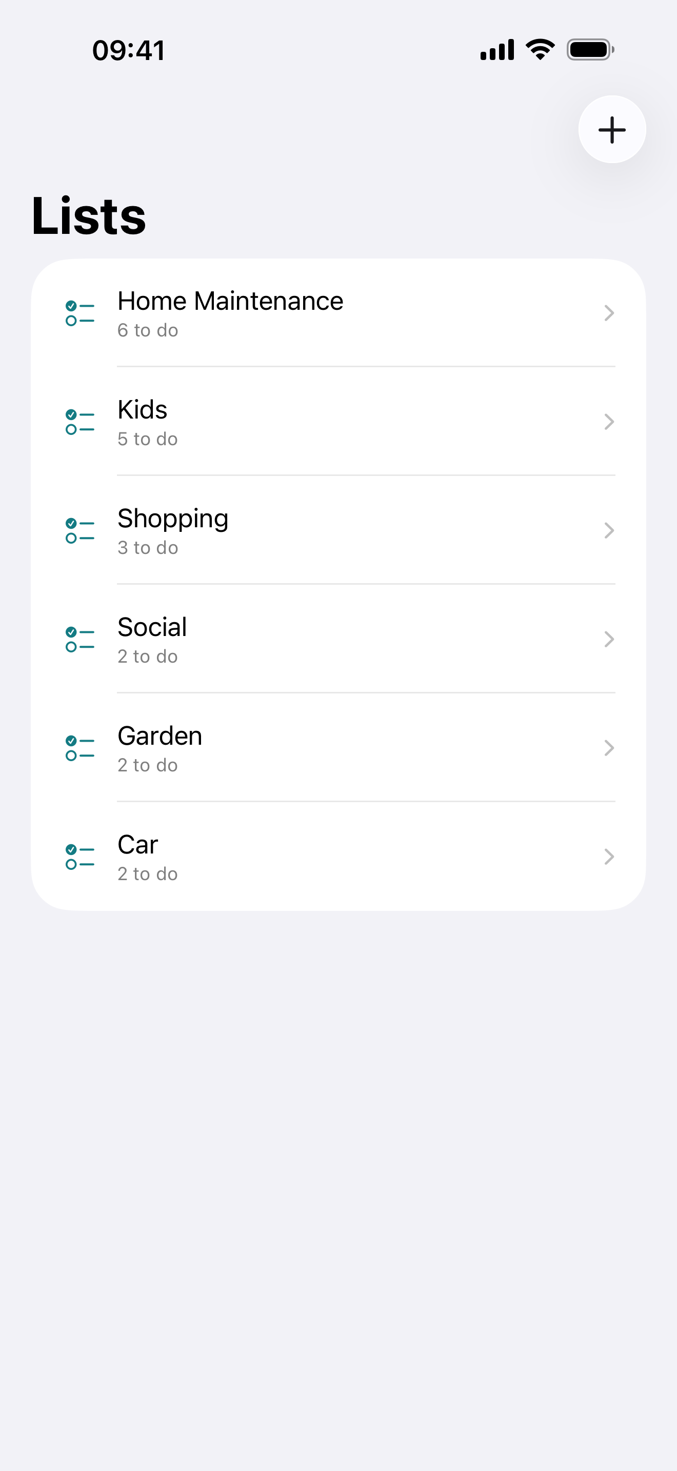 The Household Radar lists screen, showing several named lists with counts of outstanding items.